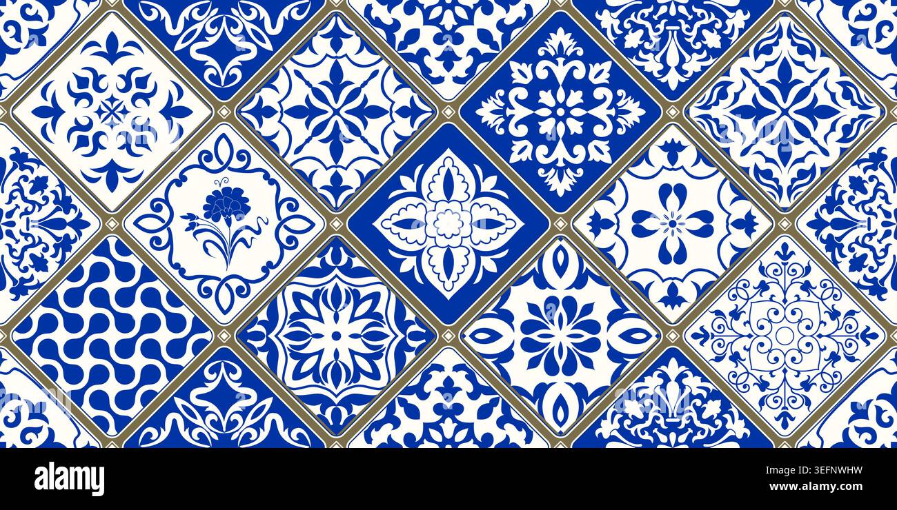 Tuile patchwork colorée sans couture avec des motifs islamiques, arabes, indiens et méditerranéens. Décor portugais et espagnol. Tuile de céramique dans le style talavera. Vecteur Illustration de Vecteur