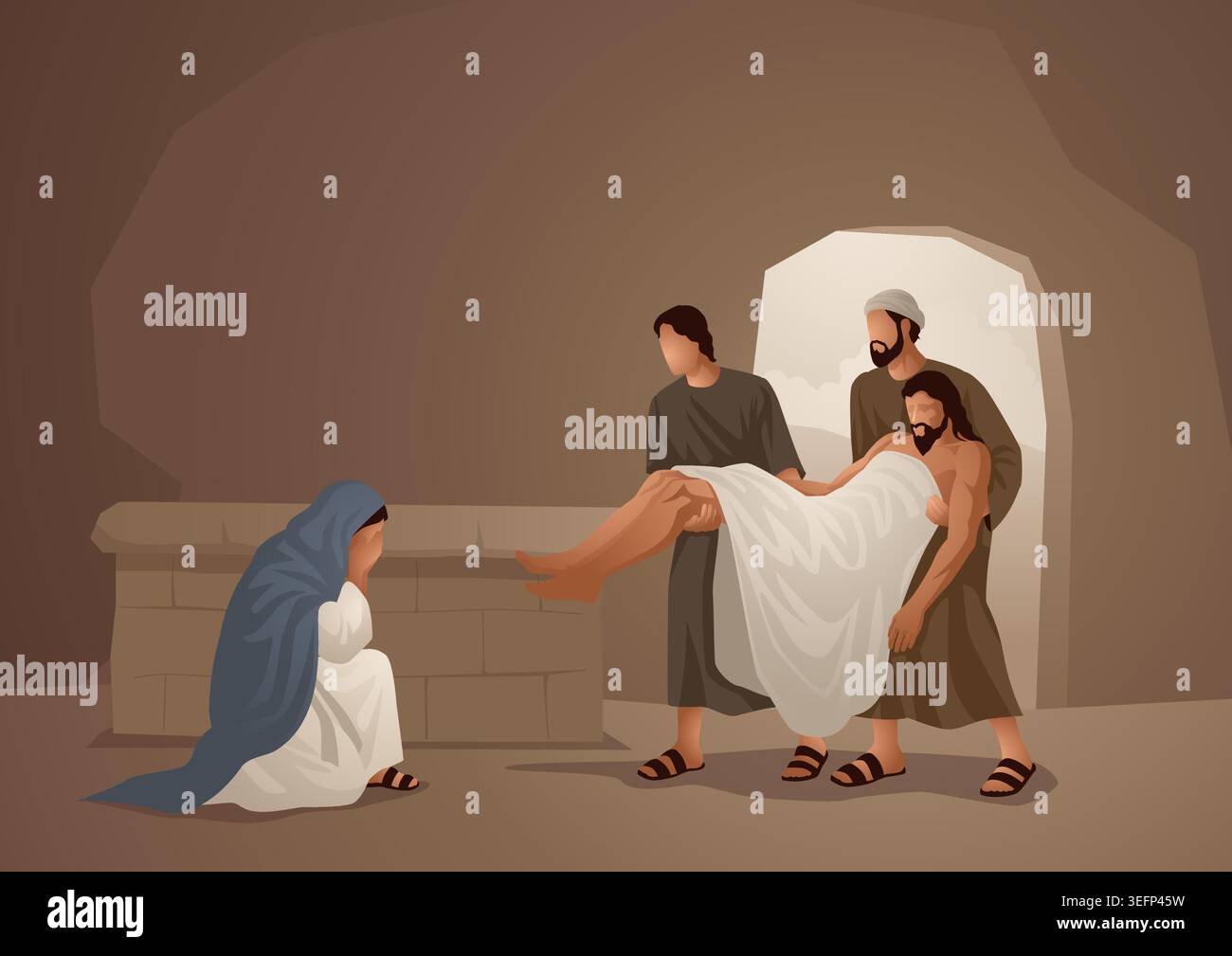 Série d'illustrations vectorielles bibliques. Jésus a posé dans le tombeau, la mise au tombeau de Christ. Illustration de Vecteur