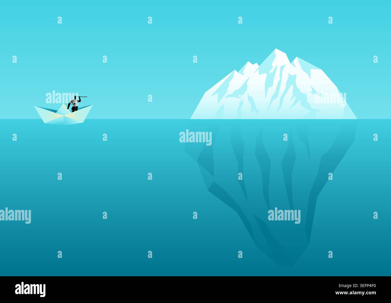 Illustration conceptuelle d'un homme dans un petit bateau face à un iceberg massif, symbolisant un danger caché, des risques invisibles et la prise de décision stratégique. IDE Illustration de Vecteur