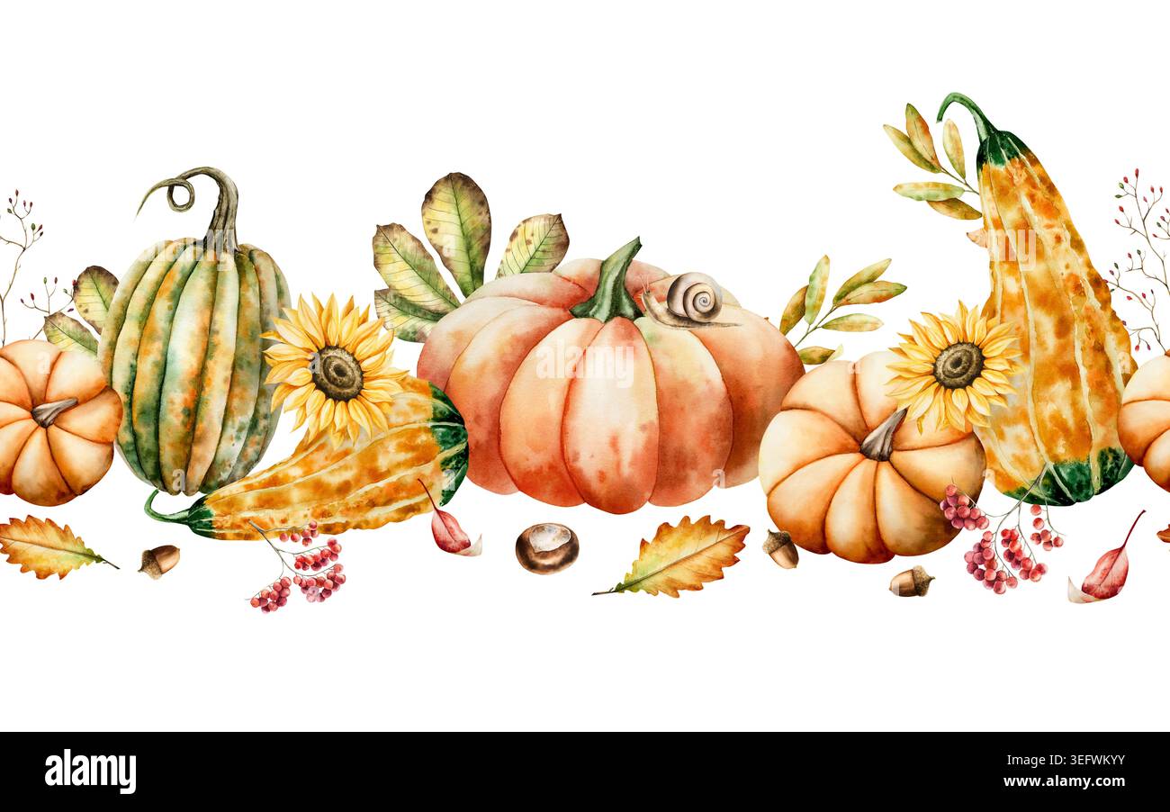 Composition automnale des citrouilles aquarelles. Légumes d'halloween dessinés à la main, feuilles de chêne, tournesols, récolte et Thanksgiving thèmes. Botanique isolée Banque D'Images