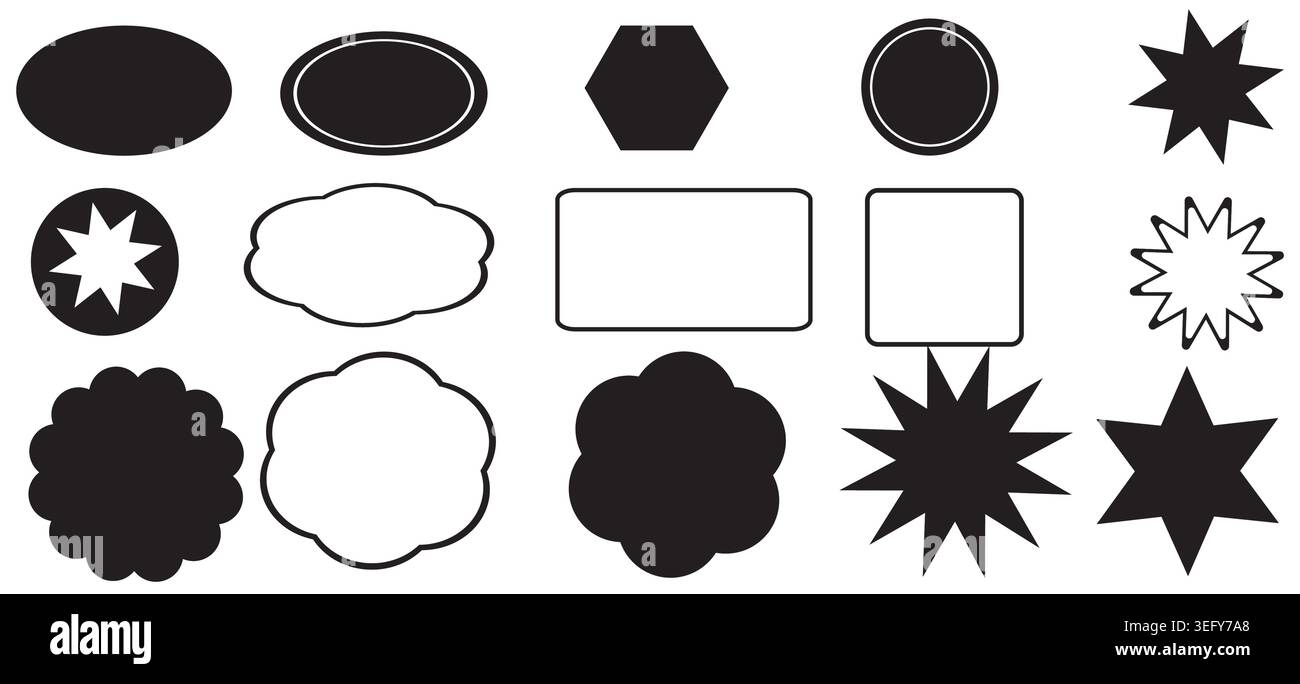 Assortiment d'étiquettes de badge vierges, de sceaux et de formes d'étoiles en noir et blanc. Un ensemble vectoriel polyvalent de formes arrondies, festonnées, polygonales et rectangulaires Illustration de Vecteur