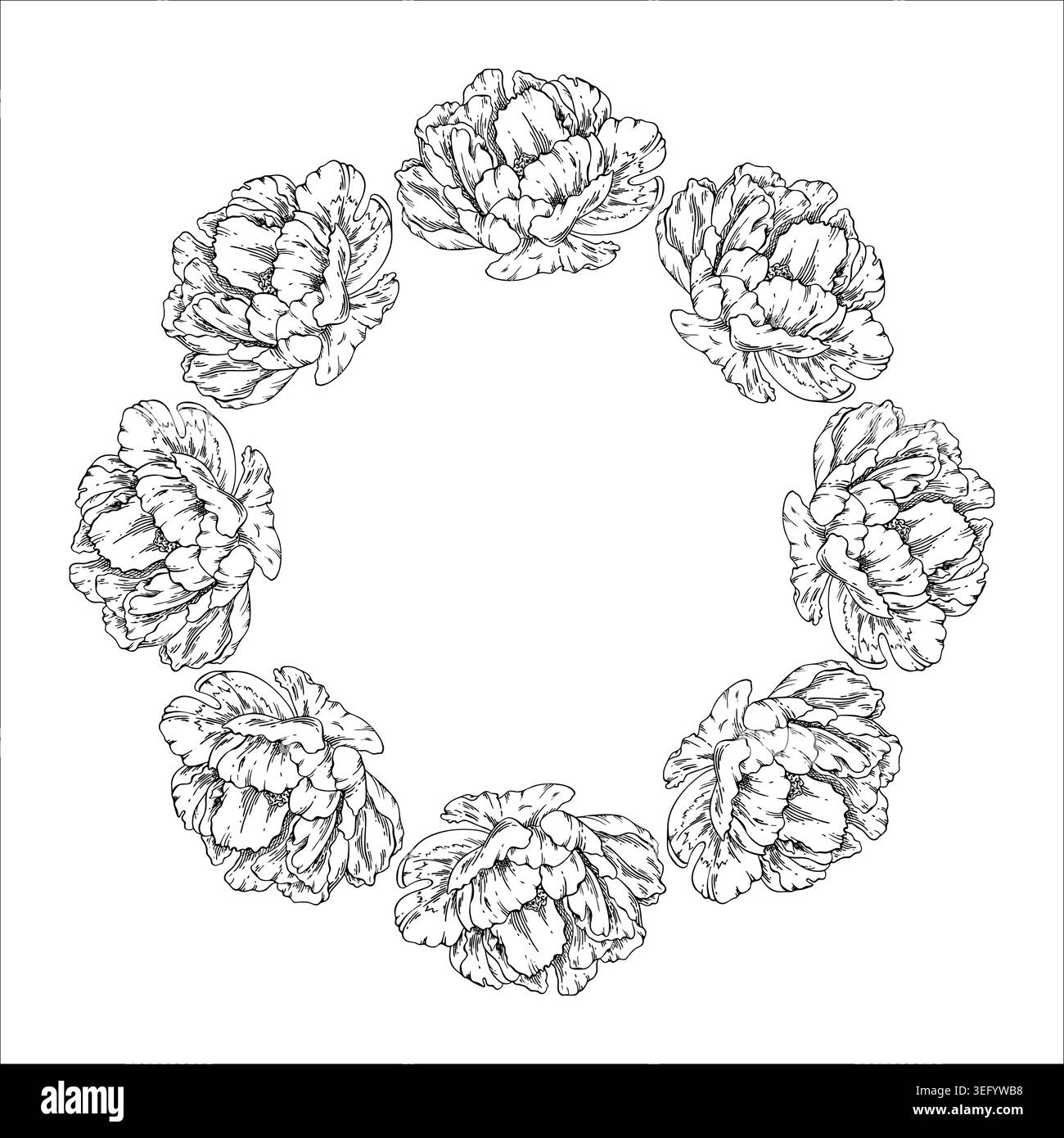 Couronne de fleur de pivoine élégant dessin à l'encre, dessin au trait fin, croquis botanique détaillé avec des pétales délicats et du feuillage. Graphique monochrome dessiné à la main Illustration de Vecteur