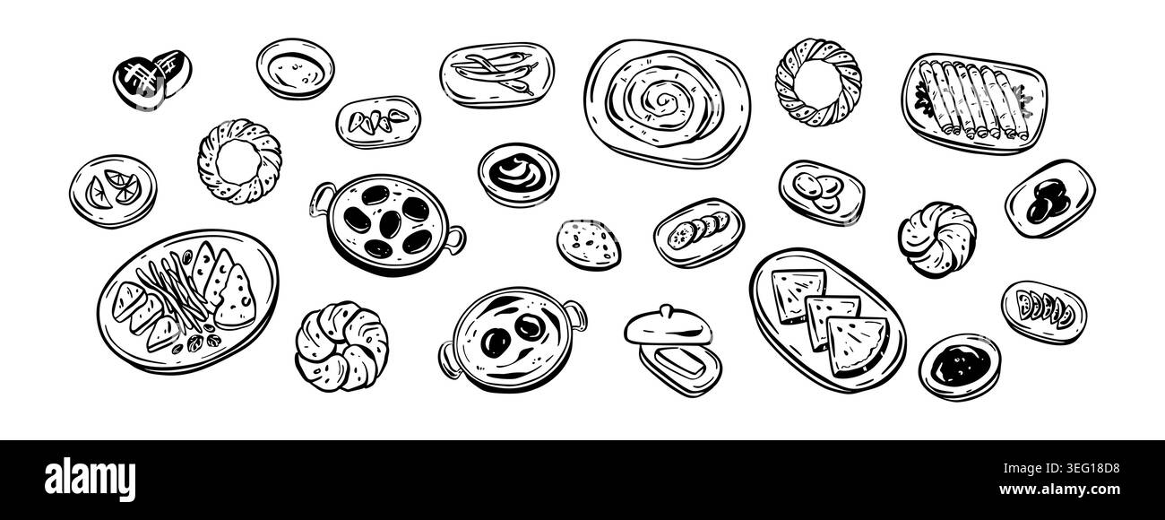Petit déjeuner turc dessiné à la main dessin à la main dessin dessin dessin à la main illustration vectorielle de doodle. Vue sur la table de cuisine méditerranéenne. Shakshuka, sigara borek. Libanais, Ara Illustration de Vecteur