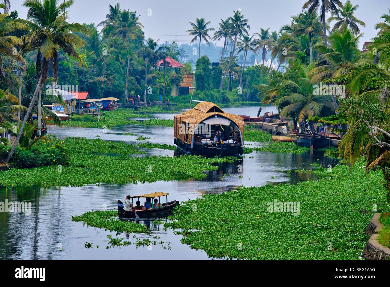 Inde, État du Kerala, Alleppey, backwaters, péniche touristique construite dans le style des vieux bateaux de transport de riz Banque D'Images