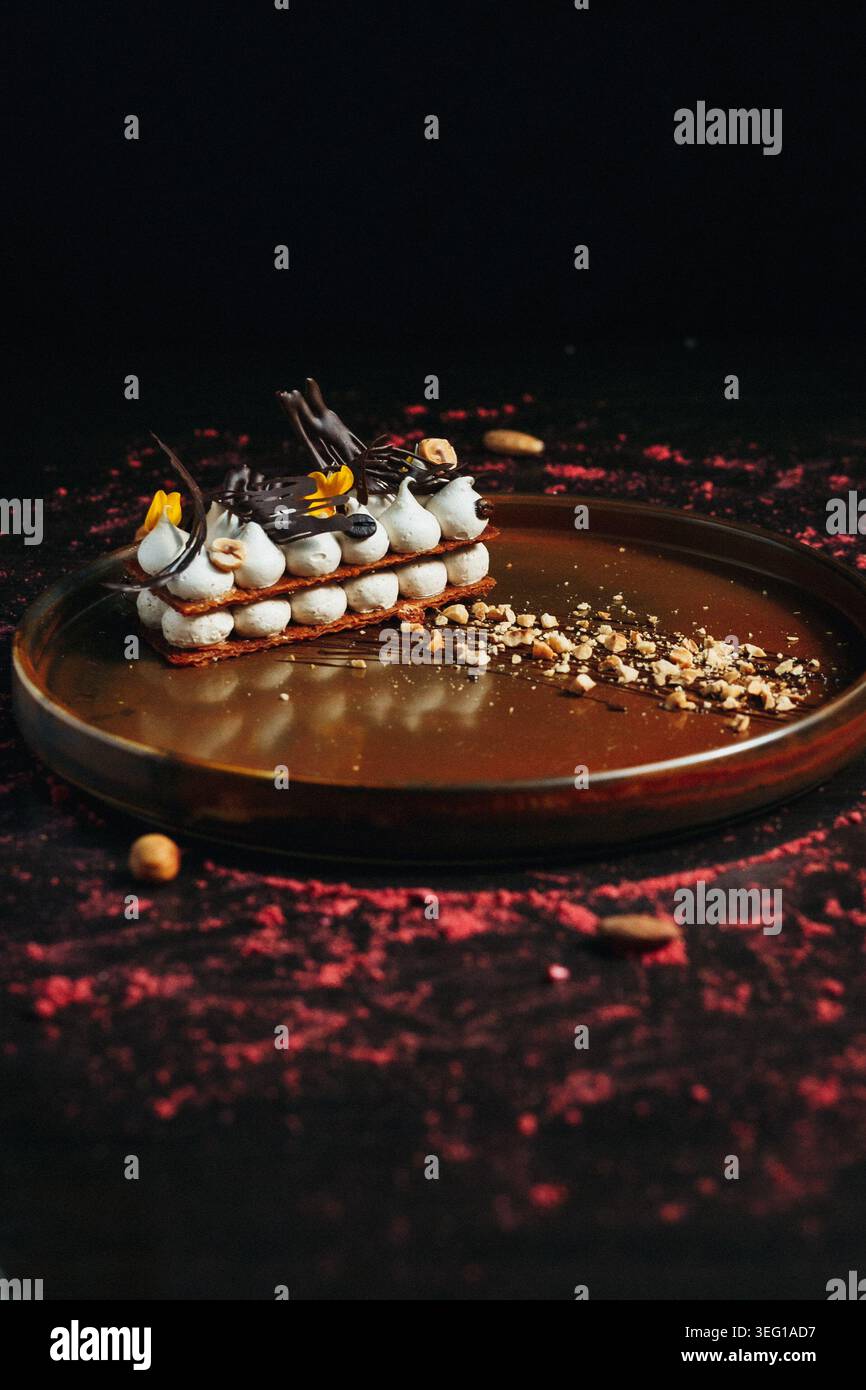 Dessert de luxe plaqué avec de la sauce au chocolat et garnir sur fond sombre Banque D'Images