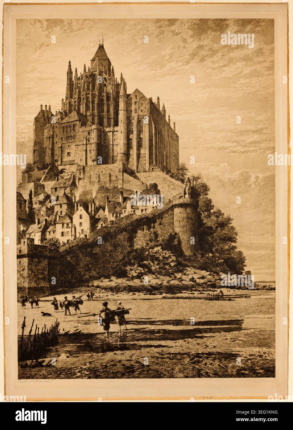 Mont Saint-Michel d'Axel Herman Haig, 1882, représentant l'emblématique abbaye française perchée sur une île rocheuse à marée, avec des personnages et des bateaux sur la plage environnante Banque D'Images