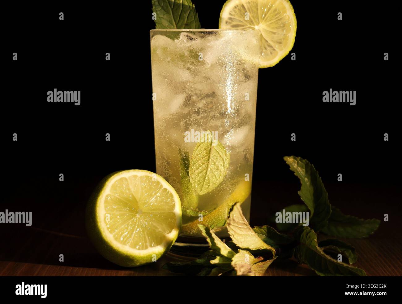 Grand verre de cocktail mojito rafraîchissant avec de la glace pilée, des tranches de citron vert et des brins de menthe fraîche, réfrigéré et garni sur un fond sombre pour l'été dr. Banque D'Images
