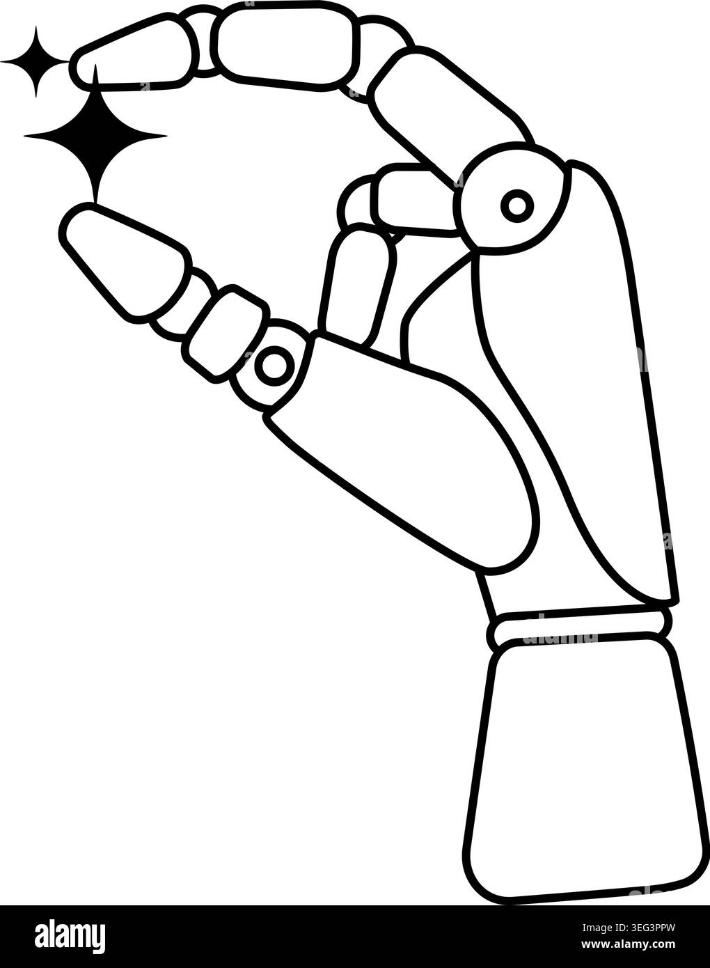 La construction robotique en forme de main maintient une petite étoile à quatre branches ou l'éclat entre les doigts. Convient aux concepts de créativité IA. Illustration de Vecteur