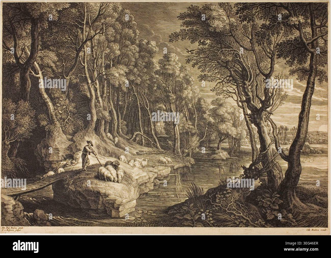 Forêt traversée par un ruisseau par Schelte Adamsz. Bolswert d'après Peter Paul Rubens, v. 1638, représentant un berger avec des moutons se reposant à côté d'un ruisseau qui coule à travers une forêt dense Banque D'Images
