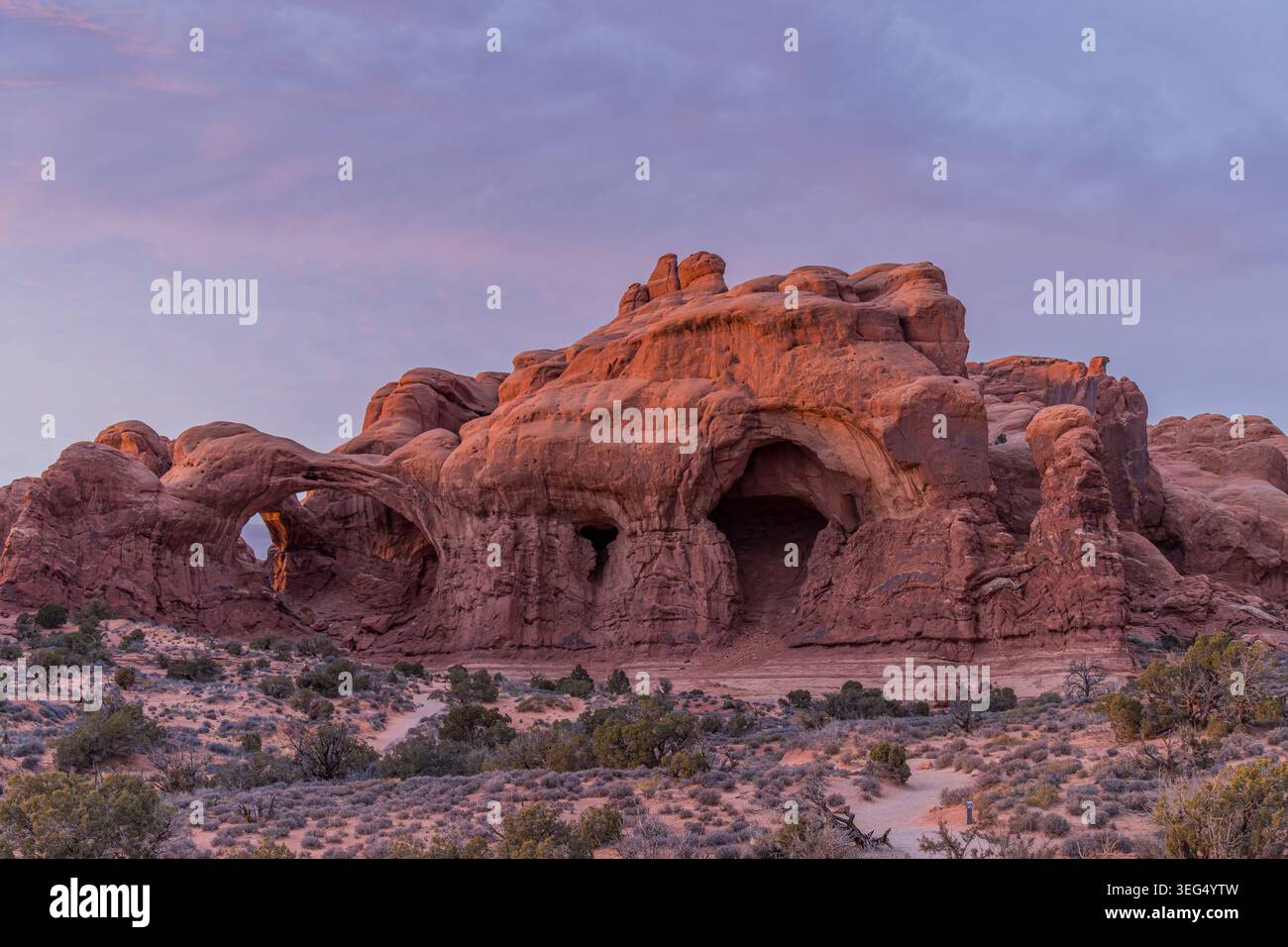 De grandes arches de grès brillent sous un ciel crépusculaire doux dans le paysage aride du haut désert. Banque D'Images