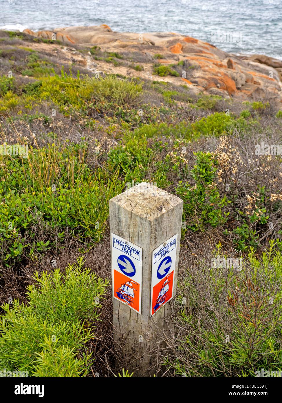 Marqueur de sentier le long de la piste Investigator Trail, parc national Lincoln Banque D'Images