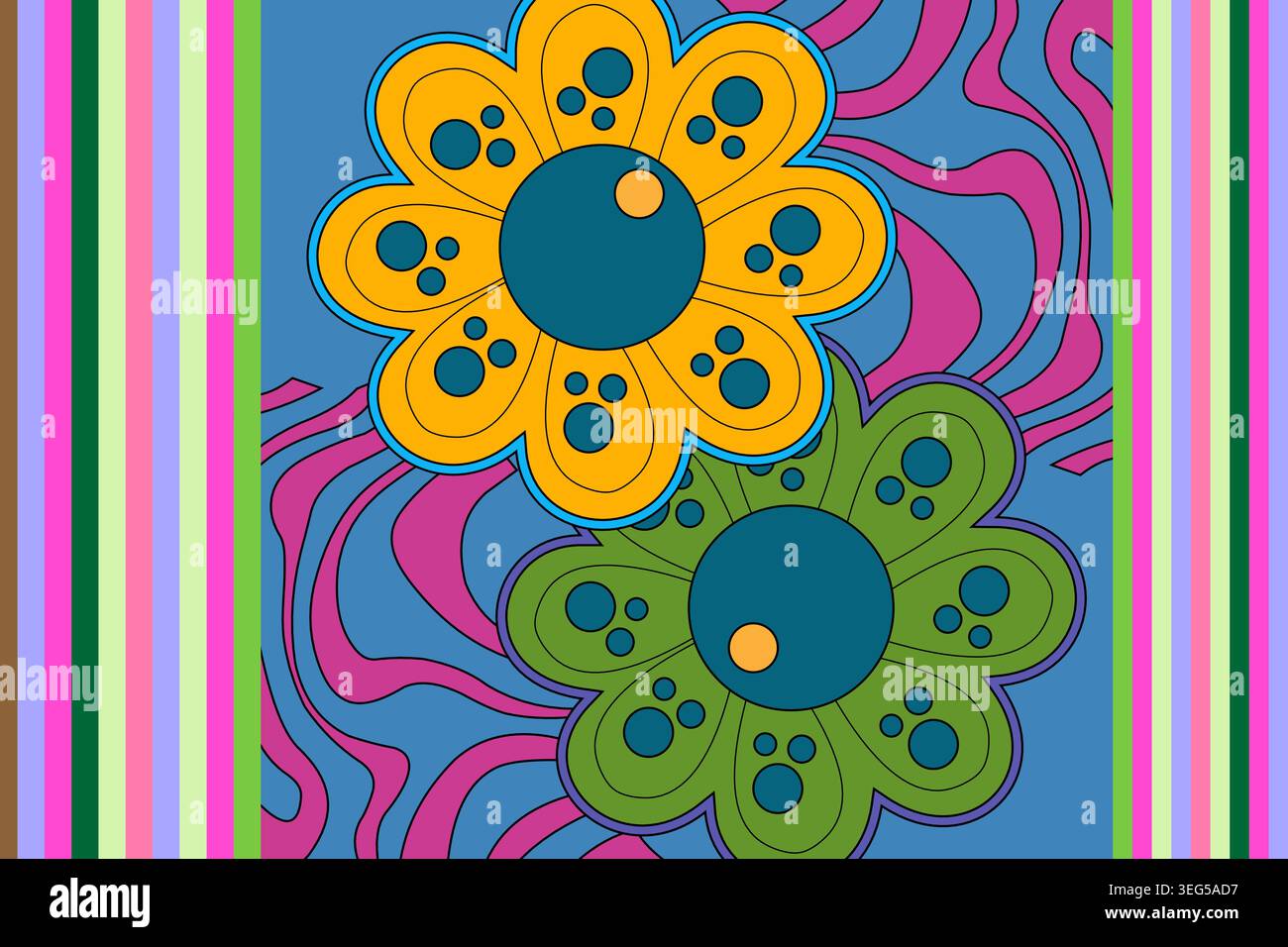 Motif floral vibrant avec des fleurs jaunes et vertes sur fond bleu avec des tourbillons roses Illustration de Vecteur