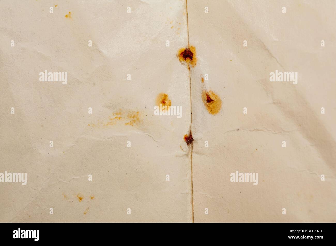 Vue détaillée du vieux papier texturé avec des taches brunes visibles et des lignes de pliage, soulignant les signes d'âge et d'utilisation Banque D'Images