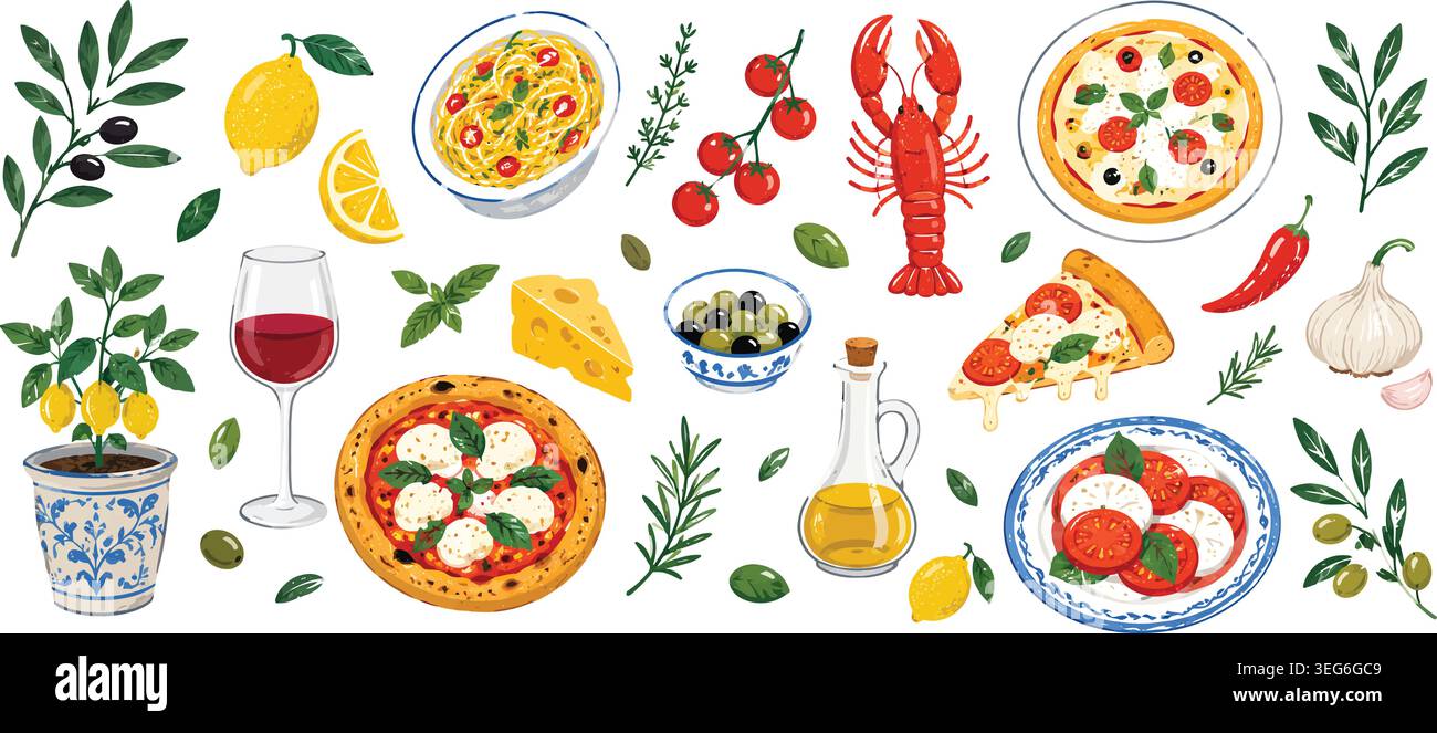 Cuisine italienne nourriture et ingrédients méditerranéens Vector illustration Set Illustration de Vecteur