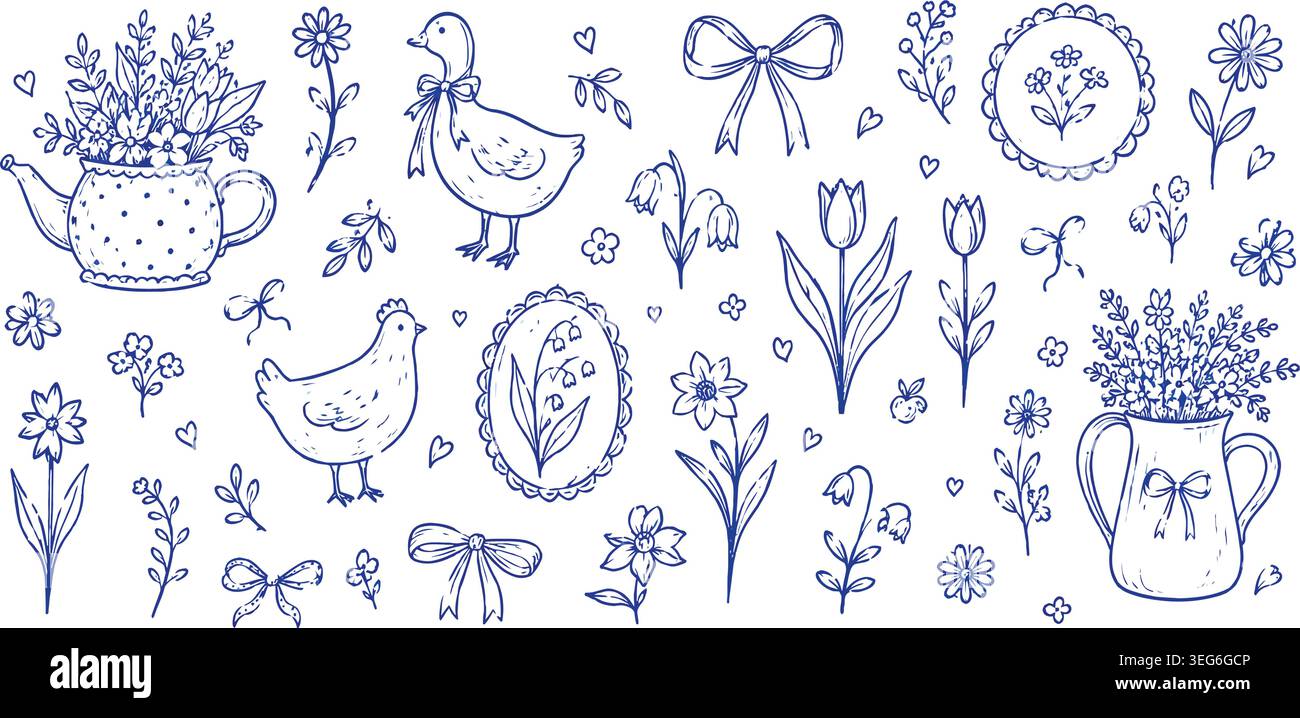 Vintage Cottagecore Blue Ink Doodle Vector Clipart Set Illustration de Vecteur