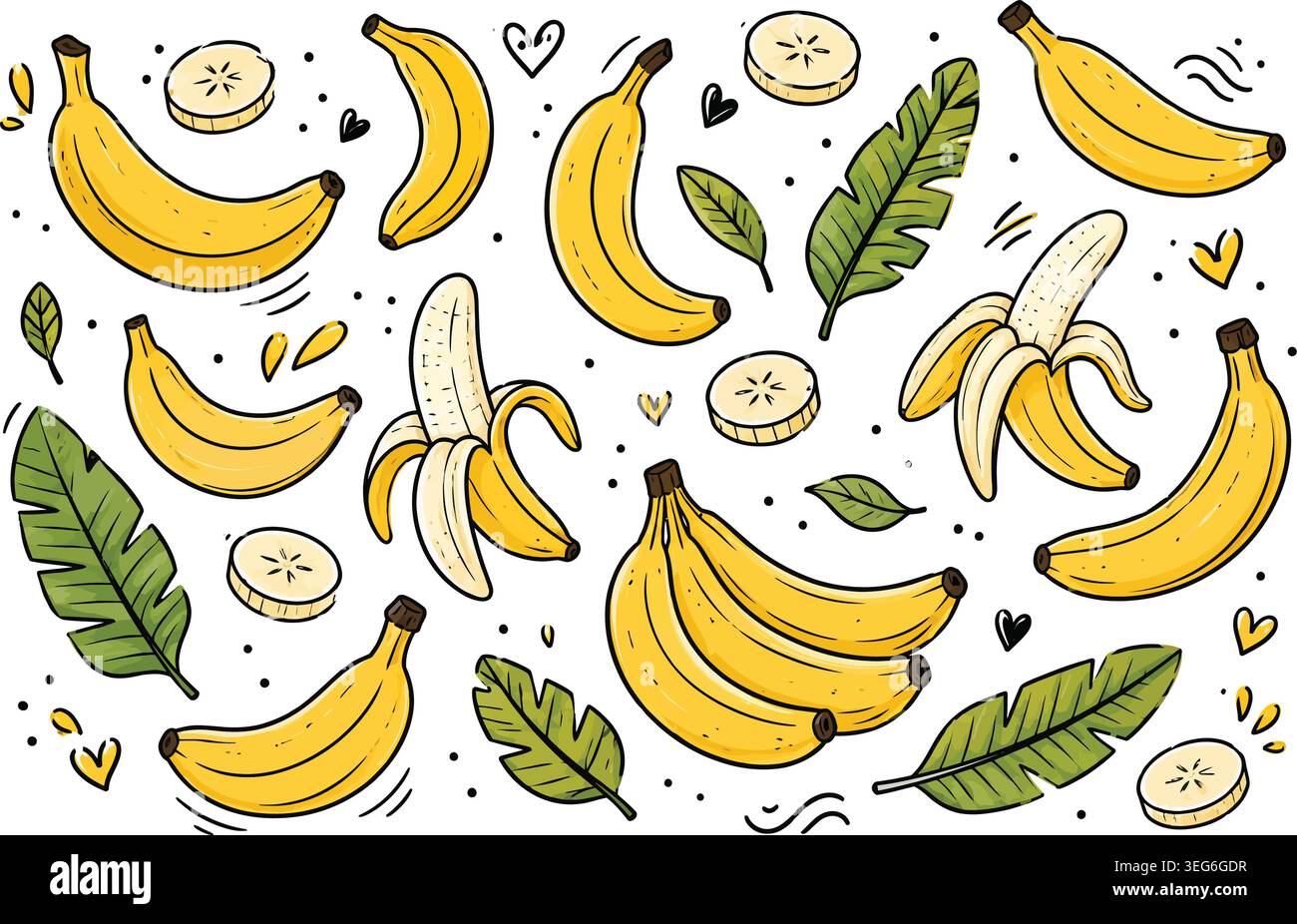 Fruit de banane dessiné à la main et feuilles de palmier Doodle Vector illustration Set Illustration de Vecteur