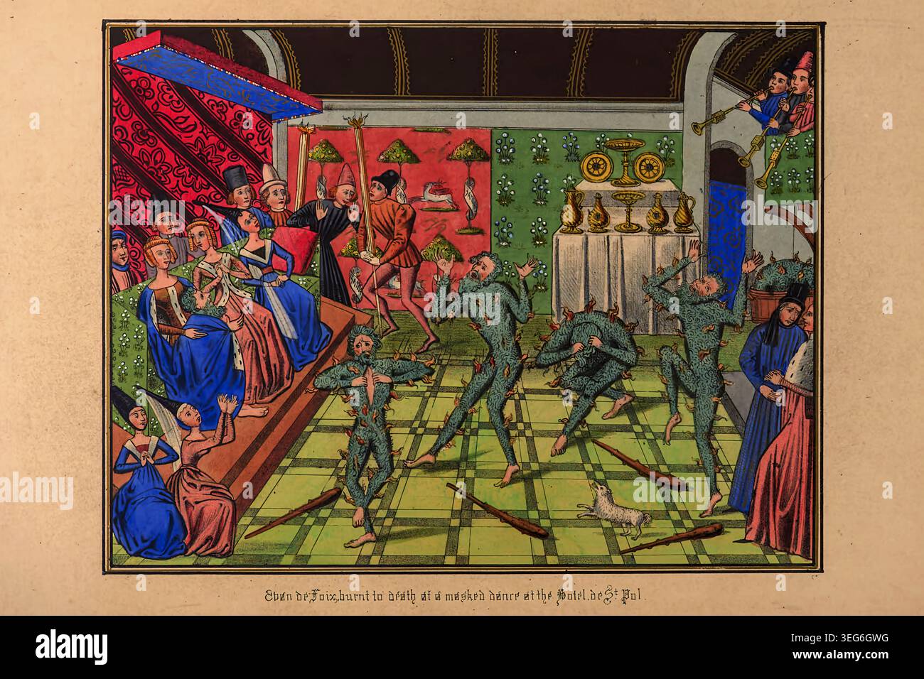 Scène du bal des Ardents montrant des hommes costumés prenant feu lors d'une danse masquée à la cour médiévale française, des spectateurs réagissant avec horreur au tragique accident. Des chroniques de Jean Froissart (1337 - 1405) auteur médiéval francophone et historien de cour des pays-Bas qui a écrit plusieurs ouvrages, dont Chronicles et Meliador, une longue romance arthurienne, et un grand corpus de poésie, la deuxième partie date de publication 1845 Banque D'Images