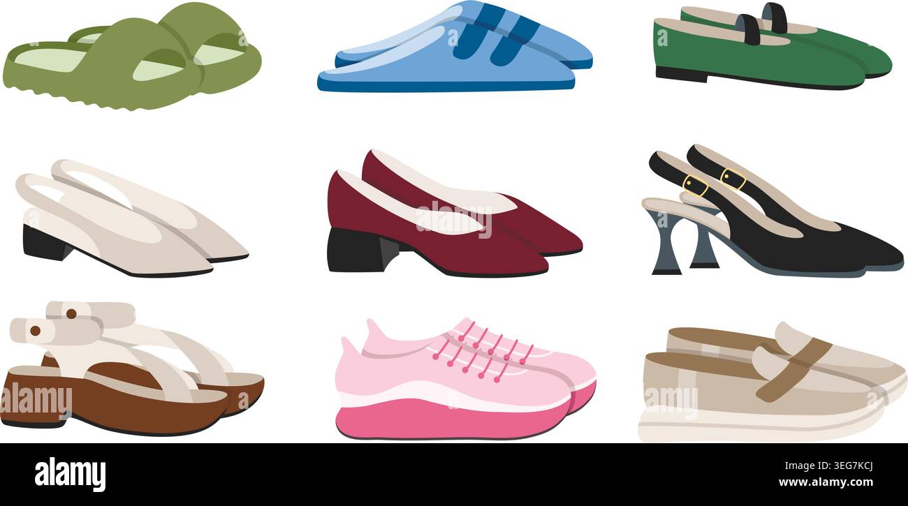 Collection de chaussures d'été pour femmes. Paires de tongs, mocassins, escarpins, sandales, baskets, mocassins, clip Chaussures décontractées pour femmes. Vecteur Illustration de Vecteur
