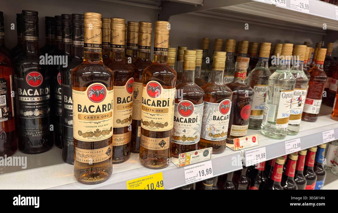 18.05.2026, Deutschland, Bayern, Spirituosen im Angebot der Getränkeabteilung eines Supermarktes in Bayern, Bacardi Rum, Captain Morgan, Gold Rum, 18.05.2026, Harte Getränke 18.05.2026, Harte Getränke *** 18 05 2026, Allemagne, Bavière, spiritueux en vente dans le rayon boissons d'un supermarché en Bavière, Bacardi Rum, Captain Morgan, Gold Rum, 18 05 2026, boissons dures 18 05 2026, boissons dures Banque D'Images
