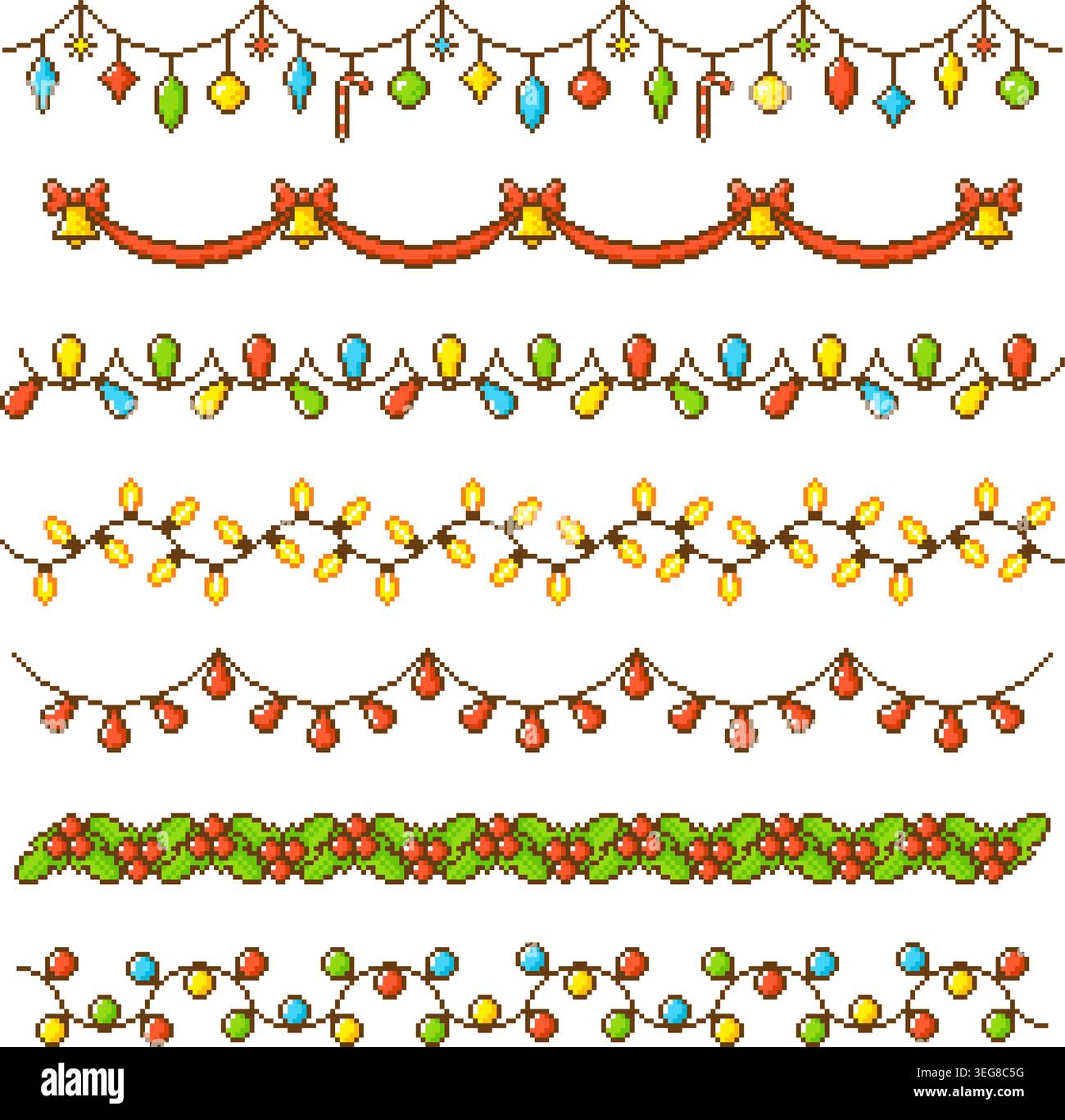 Guirlandes Pixel art. Guirlande de vacances de Noël avec cloche et arc, plantes, lampes et jouets. icônes de style rétro 8 bits 16 bits, saison d'hiver, nouvel an bien rangé Illustration de Vecteur