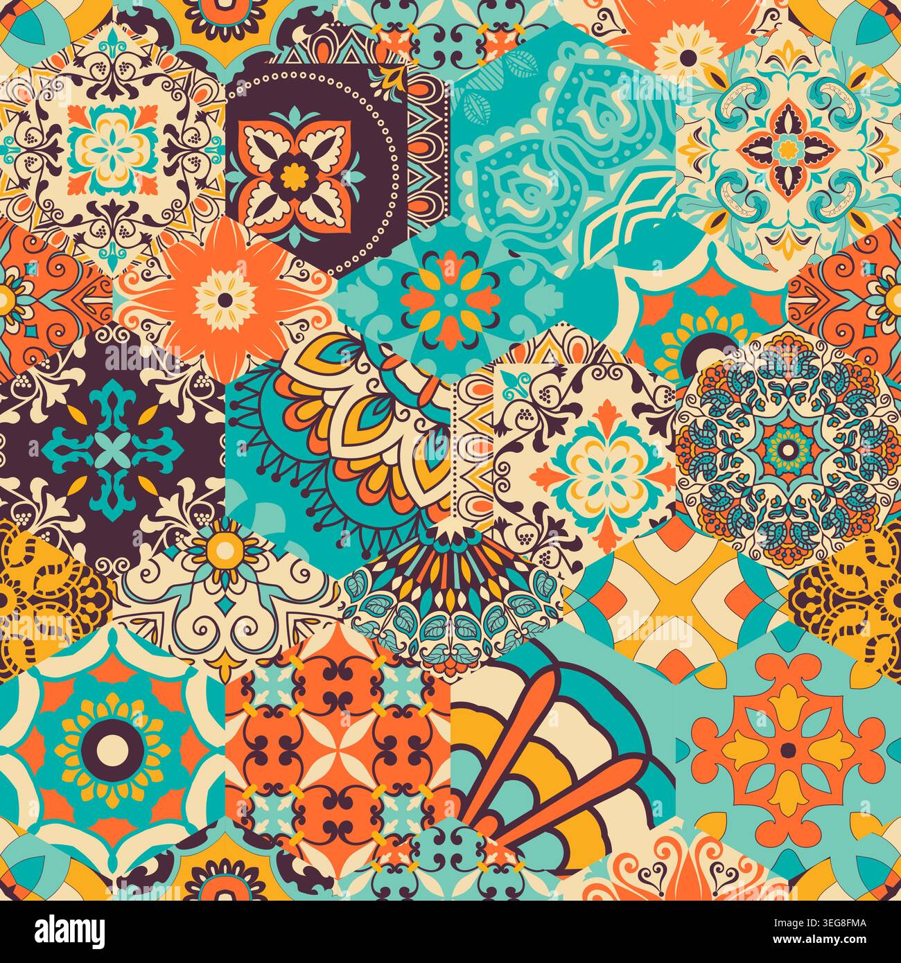 Tuile patchwork colorée sans couture avec motifs méditerranéens. Mosaïque Gaudi. Tuile de céramique dans le style talavera. Illustration vectorielle Illustration de Vecteur