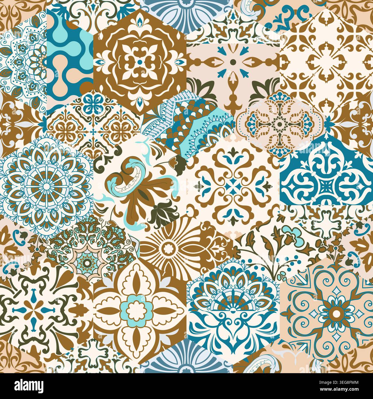 Tuile patchwork colorée sans couture avec motifs méditerranéens. Mosaïque Gaudi. Tuile de céramique dans le style talavera. Illustration vectorielle Illustration de Vecteur