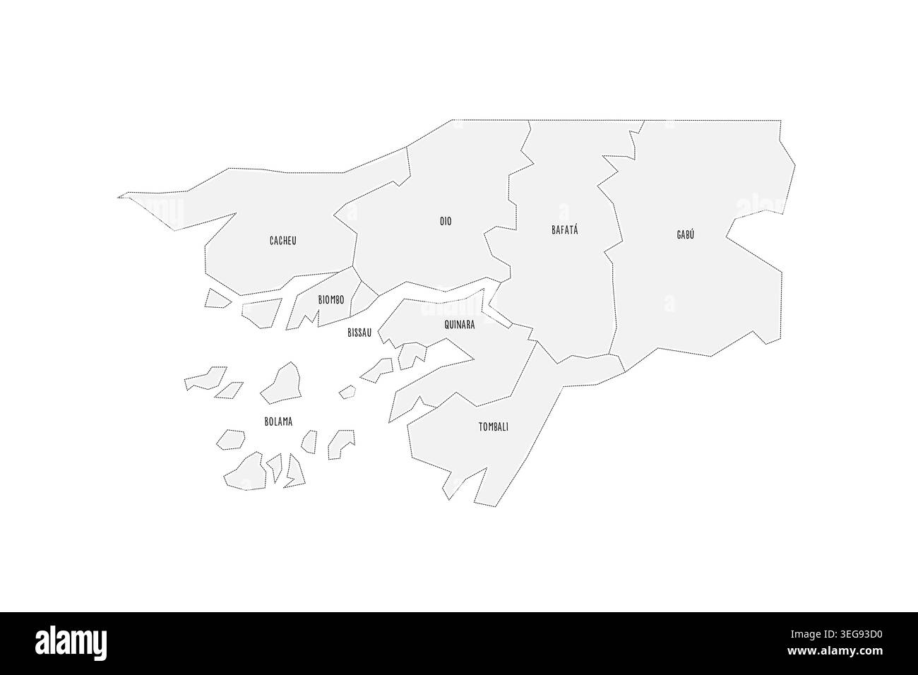 Guinée-Bissau carte politique des divisions administratives - régions et secteur autonome de Bissau. Carte grise de style doodle dessinée à la main avec bordures noires et étiquettes de nom. Illustration de Vecteur