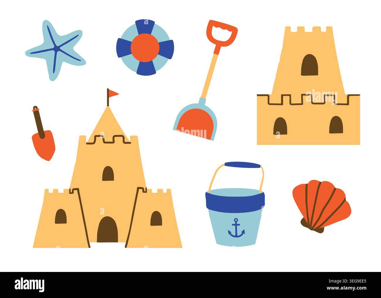 Joli château de sable de plage avec jouets d'été et éléments marins Illustration de Vecteur