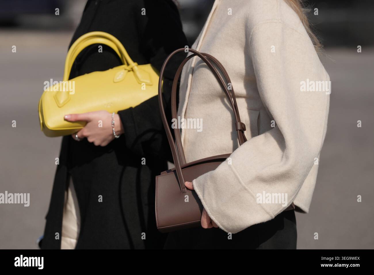 Milan, Italie - 26 février 2026 : femme porte le sac Freja NYC Caroline. Détails de sac à main tenue de mode, look Street style Banque D'Images