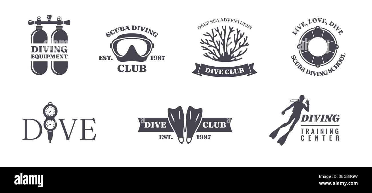 Étiquettes de club de plongée. Emblèmes de natation sous-marine, autocollants d'école de plongée sous-marine, badges de silhouettes noires, icônes d'équipement, logo d'entraînement sportif, mer Illustration de Vecteur