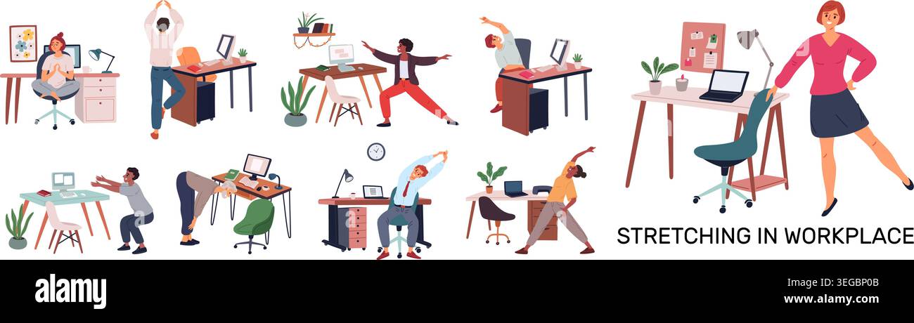 Étirements et exercices au travail. Les gens qui méditent sur le lieu de travail. Syndrome de bureau. Aptitude des employés. Freelancers et hommes d'affaires style de vie. En bonne santé Illustration de Vecteur