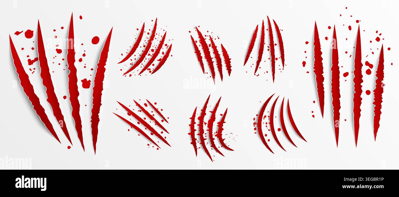 Rayures des griffes rouges. Images abstraites de blessures sanglantes. Bear talons marques d'animaux sauvages. Déchirures rugueuses dans le papier. Attaque réaliste de bête Shred Illustration de Vecteur