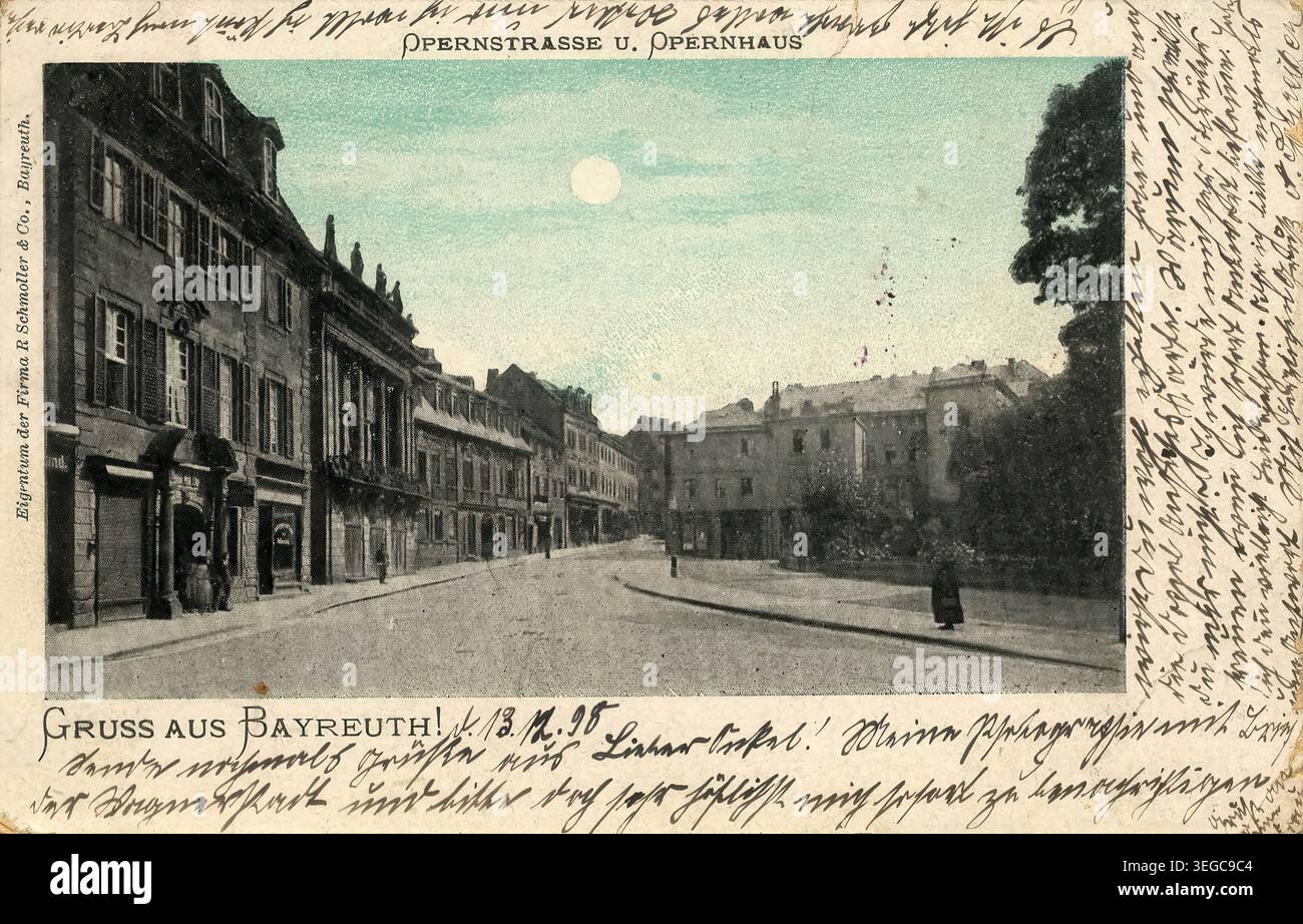 Historische Ansichtskarte um 1899, Bayreuth, Opernstraße und Opernhaus, Oberfranken, Bayern, Deutschland, digitale Reproduktion einer historischen Postkarte, public domain, aus der damaligen Zeit, genaues Datum unbekannt Banque D'Images