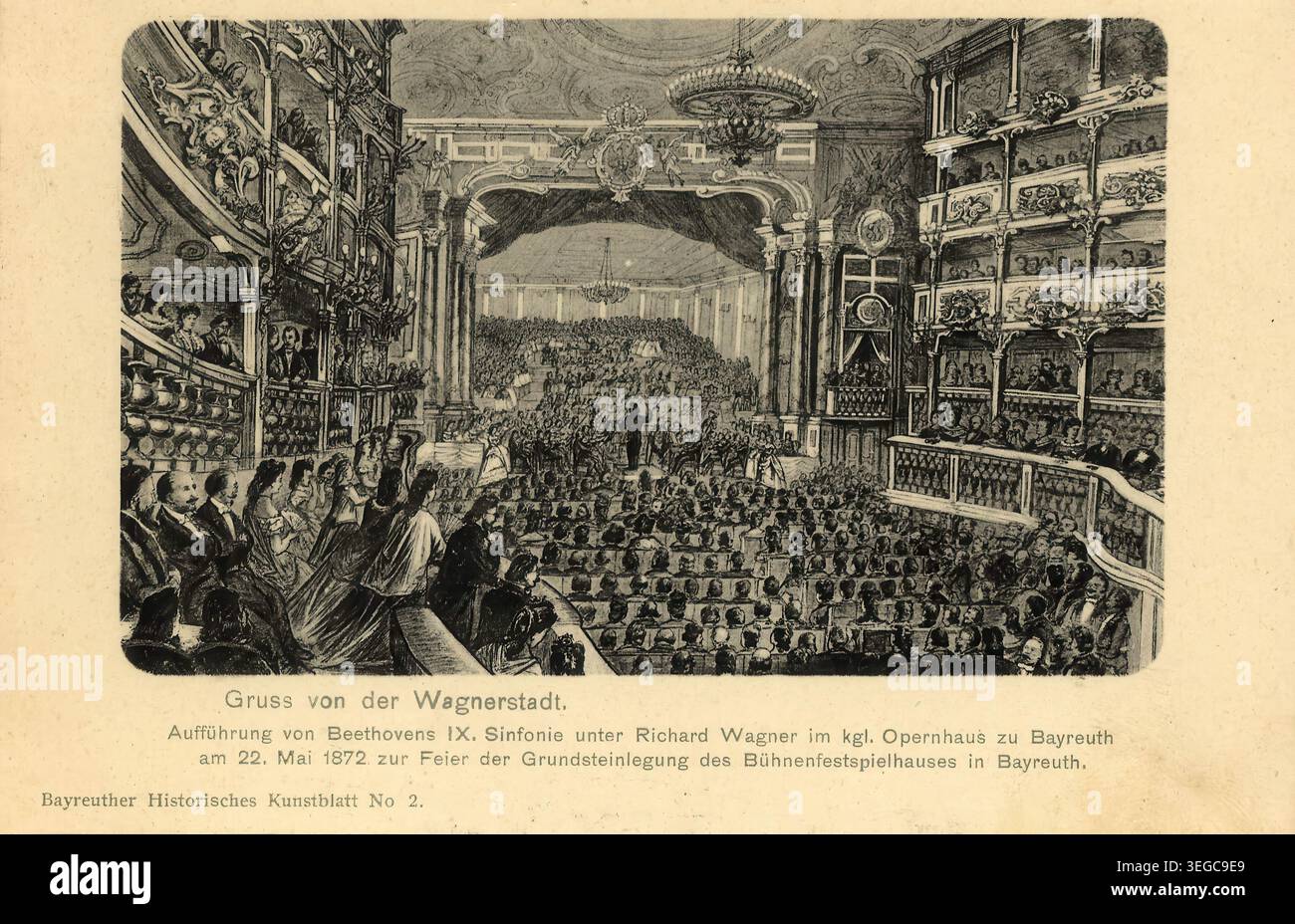Historische Ansichtskarte um 1872, Bayreuth, Aufführung im Opernhaus, Oberfranken, Bayern, Deutschland, digitale Reproduktion einer historischen Postkarte, public domain, aus der damaligen Zeit, genaues Datum unbekannt Banque D'Images