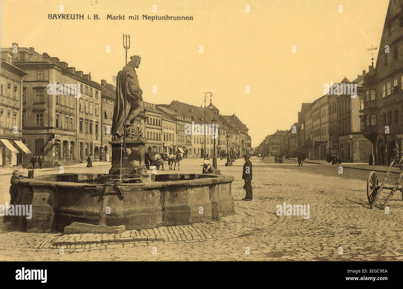 Historische Ansichtskarte um 1910, Bayreuth, Neptunbrunnen und Markt, Oberfranken, Bayern, Deutschland, digitale Reproduktion einer historischen Postkarte, public domain, aus der damaligen Zeit, genaues Datum unbekannt Banque D'Images