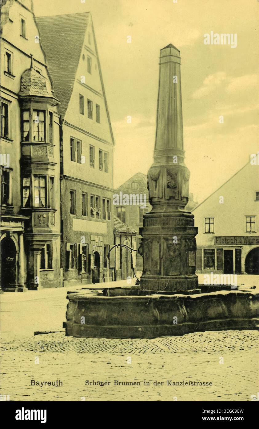 Historische Ansichtskarte um 1900, Bayreuth, Schöner Brunnen in der Kanzleistraße, Oberfranken, Bayern, Deutschland, digitale Reproduktion einer historischen Postkarte, public domain, aus der damaligen Zeit, genaues Datum unbekannt Banque D'Images