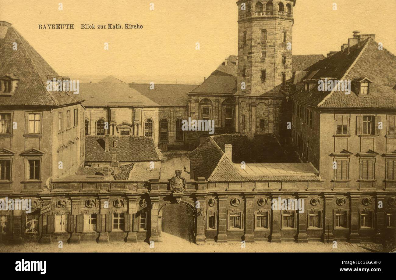 Historische Ansichtskarte um 1900, Bayreuth, Blick zur katholischen Kirche, Oberfranken, Bayern, Deutschland, digitale Reproduktion einer historischen Postkarte, public domain, aus der damaligen Zeit, genaues Datum unbekannt Banque D'Images