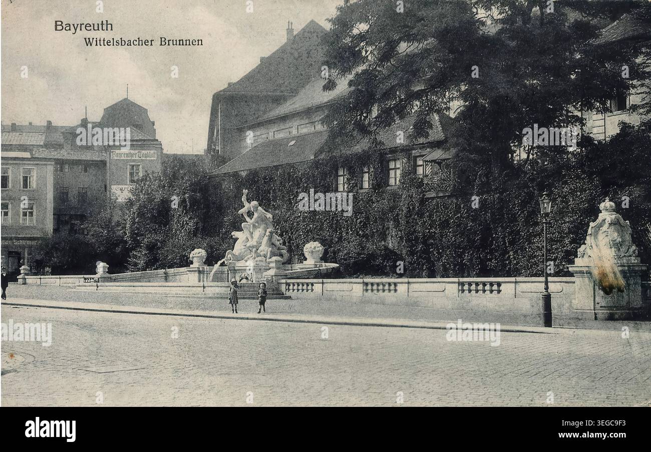 Historische Ansichtskarte um 1910, Wittelsbacher Brunnen in Bayreuth, Oberfranken, Bayern, Deutschland, digitale Reproduktion einer historischen Postkarte, public domain, aus der damaligen Zeit, genaues Datum unbekannt Banque D'Images