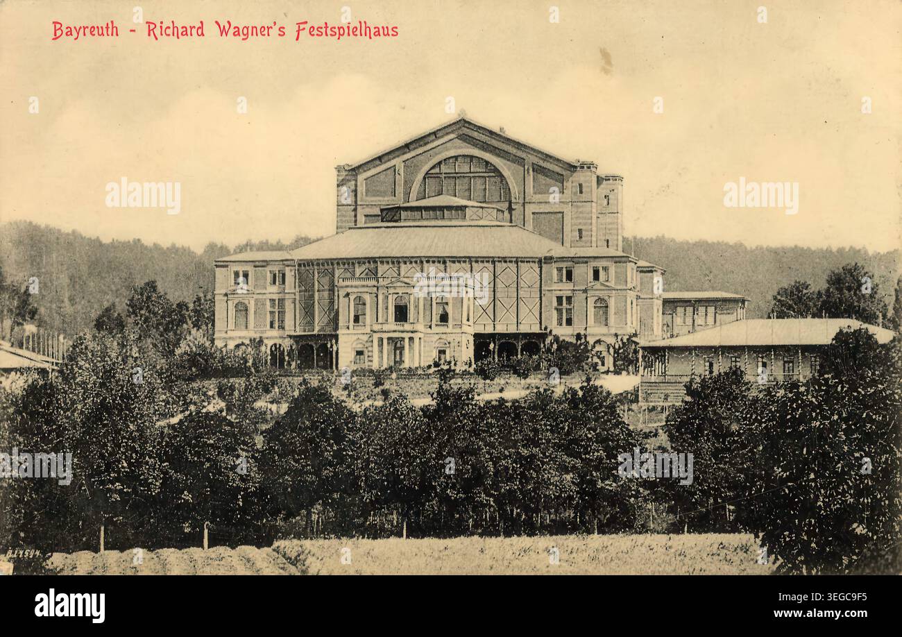 Historische Ansichtskarte um 1899, Bayreuth, Festspielhaus Richard Wagner, Oberfranken, Bayern, Deutschland, digitale Reproduktion einer historischen Postkarte, public domain, aus der damaligen Zeit, genaues Datum unbekannt Banque D'Images