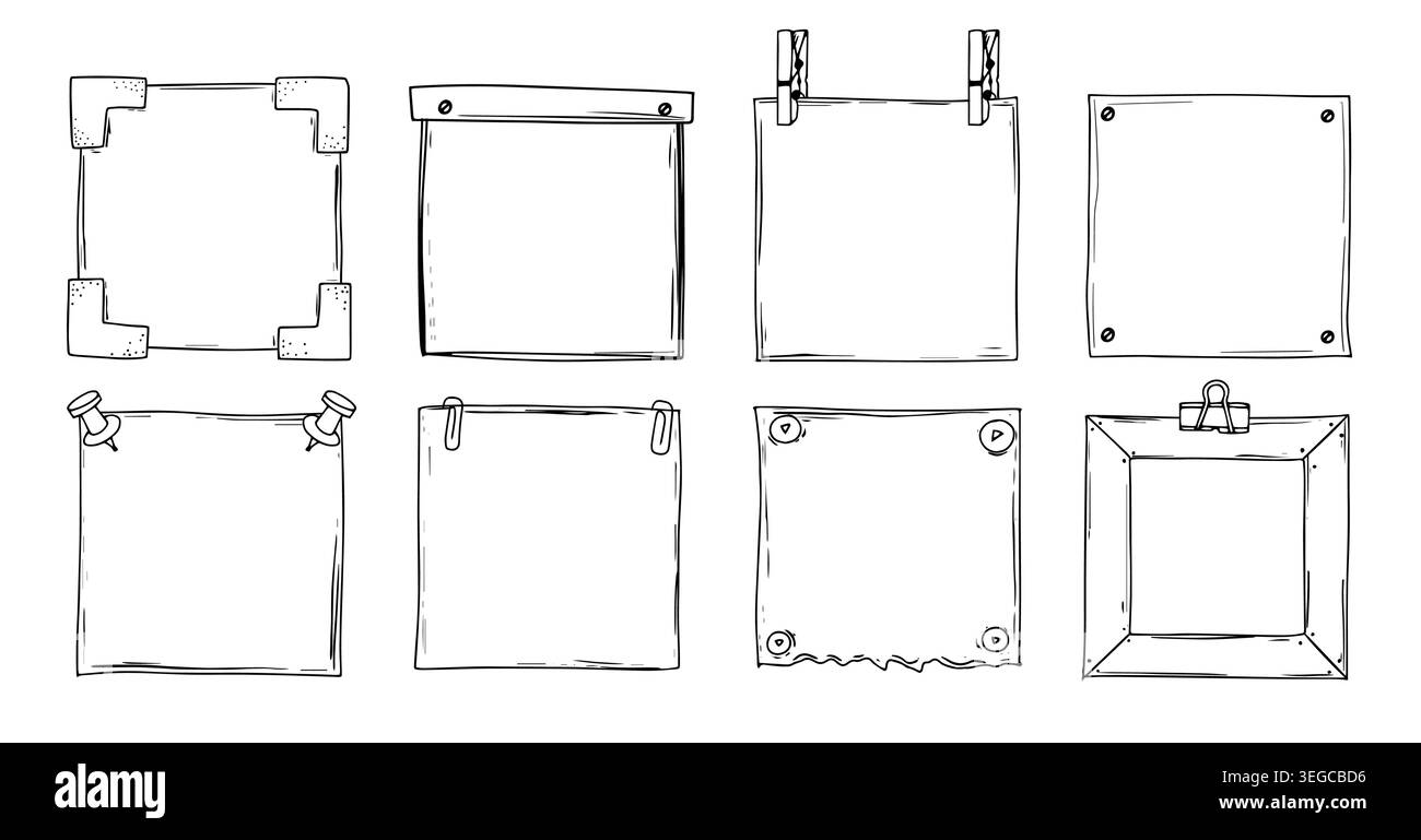 Vecteur doodle notes de papier dessinées à la main ou des rappels. Ensemble de feuille de papier carrée de dessin au trait, étiquette, messages de notification, note autocollante de journal. Illustration de Vecteur