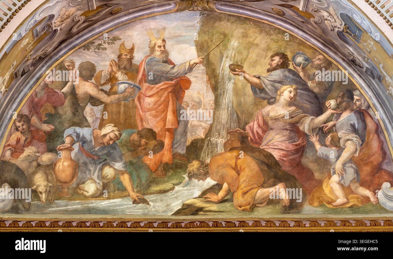 CREMA, ITALIE - 20 MARS 2026 : la scène où Moïse reçoit de l'eau du rocher dans l'église Santuario di Santa Maria della Croce Banque D'Images