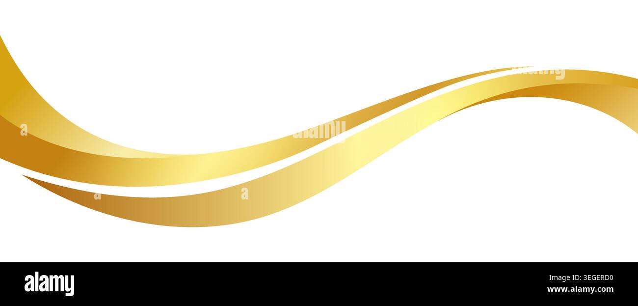 Vague de queue de swoosh à rayures dorées, écoulement de swish courbe. Tourbillon, ligne ou traînée fluide jaune abstrait brillant. Ruban ondulé métallisé doré scintillant avec des courbes lisses, suggérant mouvement et luxe Illustration de Vecteur