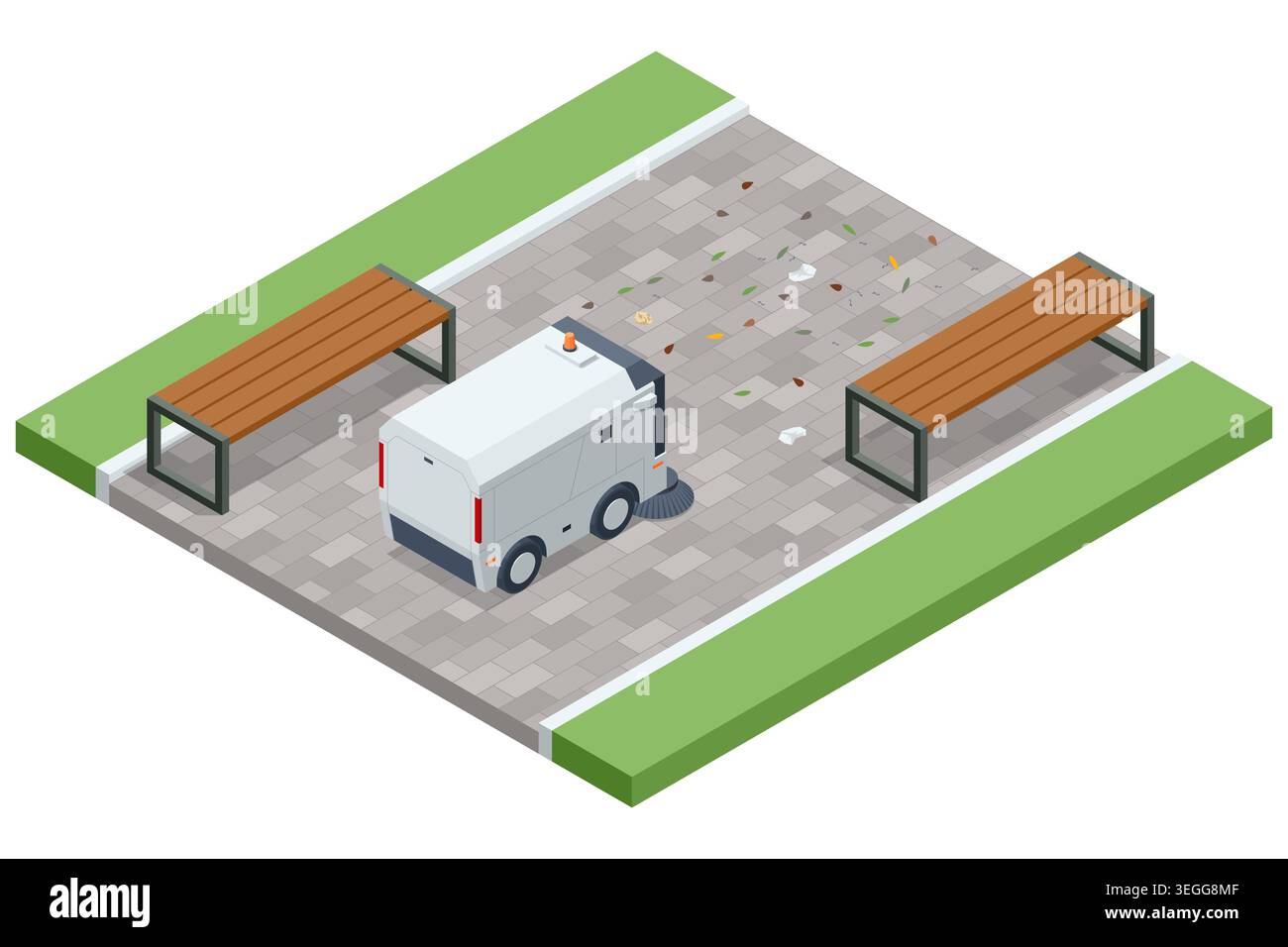 Balayeuse robotisée isométrique nettoie la litière de feuilles sur une passerelle pavée près du banc, de la lampe et du bac. Assainissement urbain intelligent, entretien des espaces publics Illustration de Vecteur