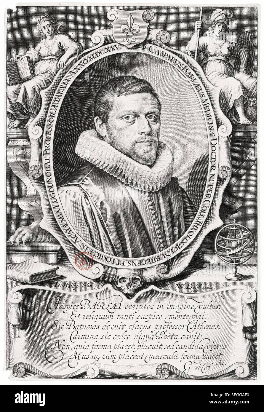 Gravure de Caspar Barlaeus (1584-1648) par Willem Jacobsz Delff, 1625. Humaniste et poète néerlandais célèbre, il a été professeur fondateur à l'Athenaeum illustre et un intellectuel de premier plan de l'âge d'or néerlandais. Banque D'Images