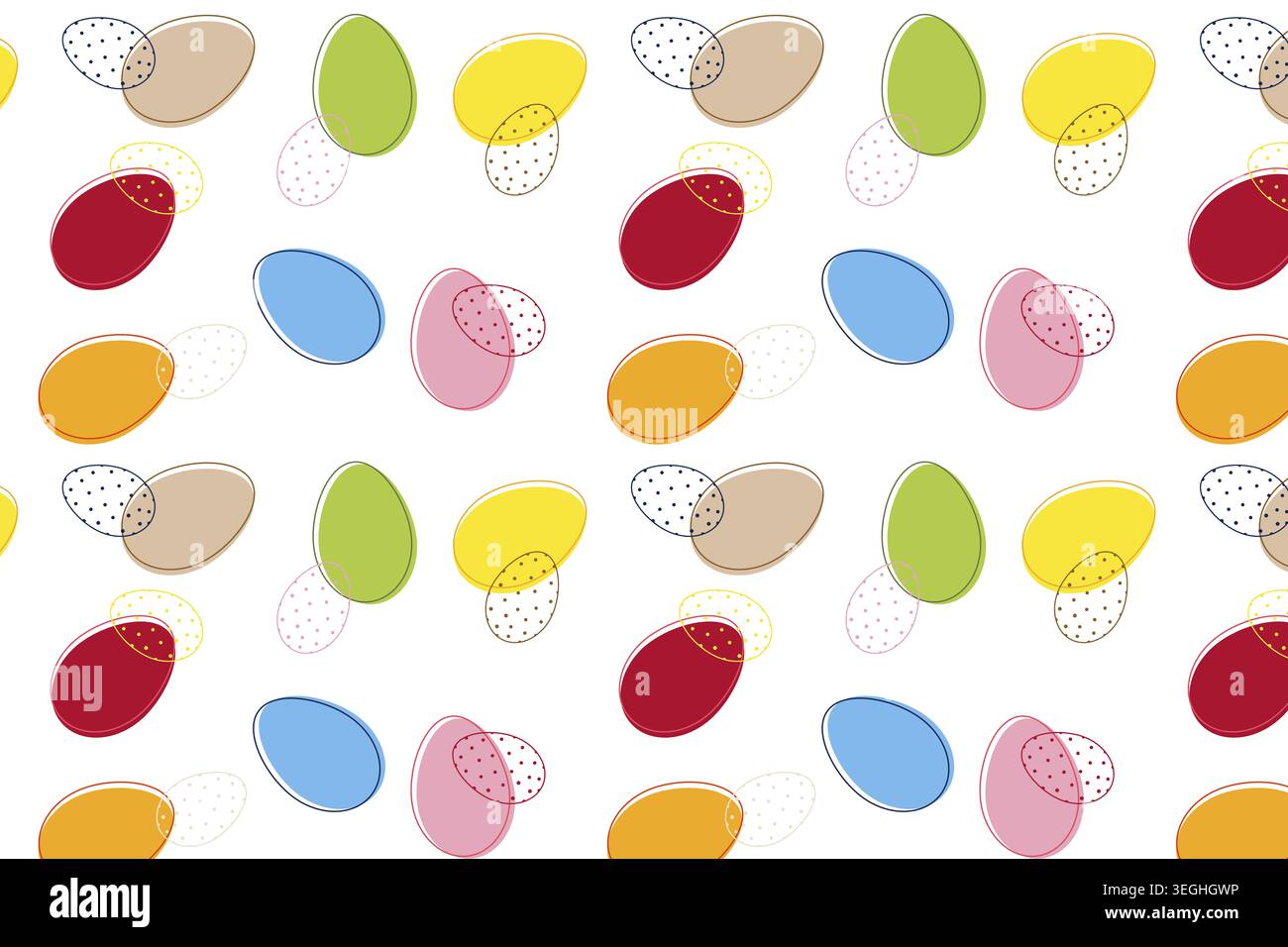 Oeufs de Pâques sans couture motif, oeufs colorés en rouge, orange, jaune, vert, bleu, rose et beige, pois, design dispersé, illustration Banque D'Images