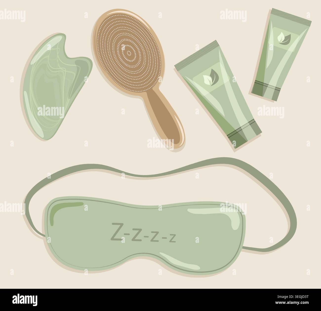 Minimaliste Spa Set Vector vue de dessus de Jade Guasha Stone massage Brush Green Sleep Mask et Cosmetic Cream tubes pour Wellness Skincare Branding Illustration de Vecteur