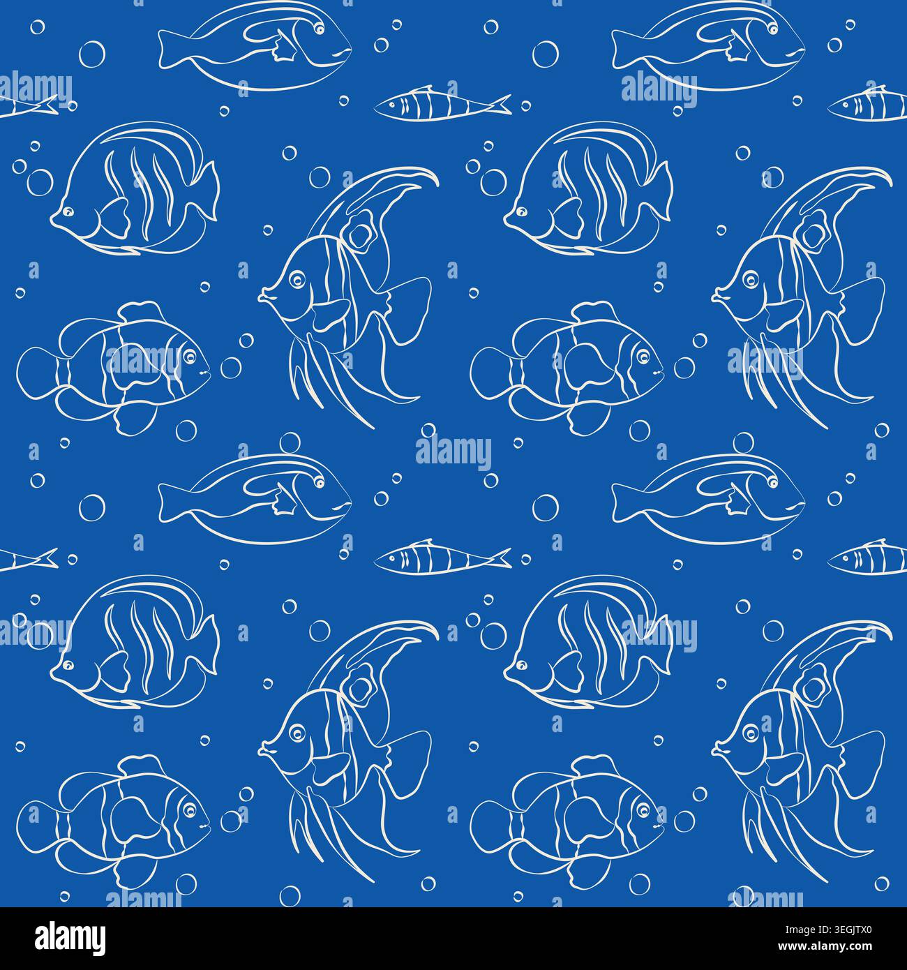 Motif sans couture dessiné à la main avec poissons tropicaux de récif marin, tang bleu, poisson-clown dans le style griodle d'art au trait pour les événements de vacances en bord de mer Illustration de Vecteur