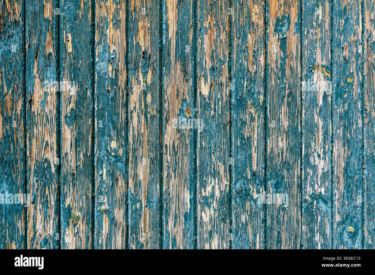 Texture en bois vieilli avec peinture bleue usée et aspect rustique altéré Banque D'Images