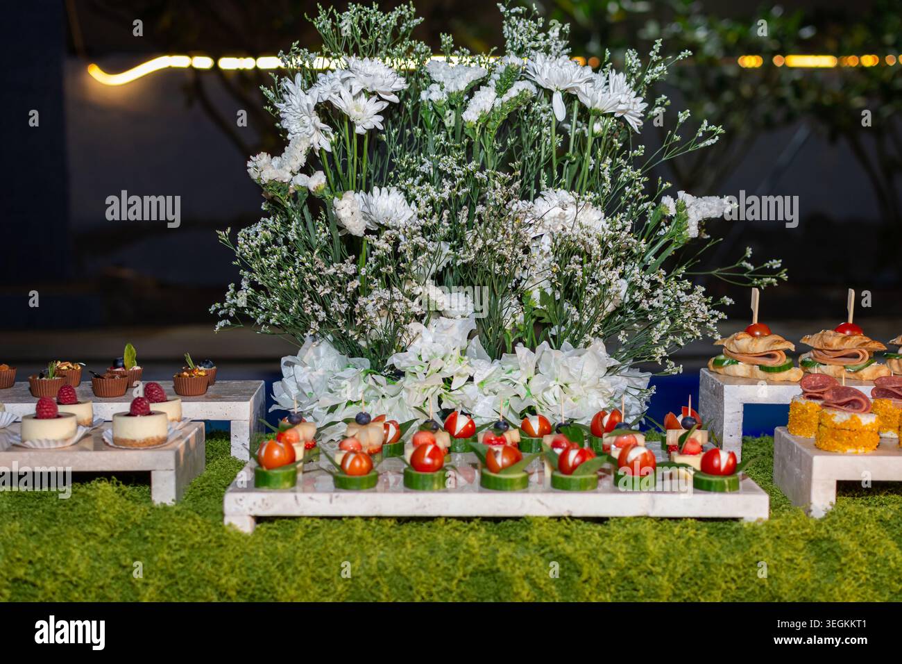 Élégant buffet de restauration le soir avec divers mini-canapés et desserts salés et sucrés présentés sur une table couverte de mousse au bord d'une piscine Banque D'Images