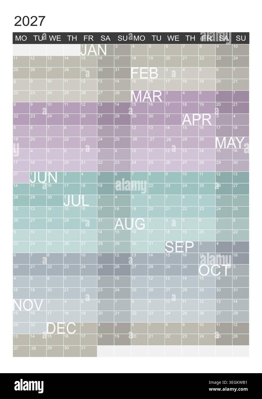 2027 calendrier vertical ou planificateur mural où chaque mois s'écoule en douceur dans le suivant. 2 semaines de suite. Conception vectorielle. Illustration de Vecteur